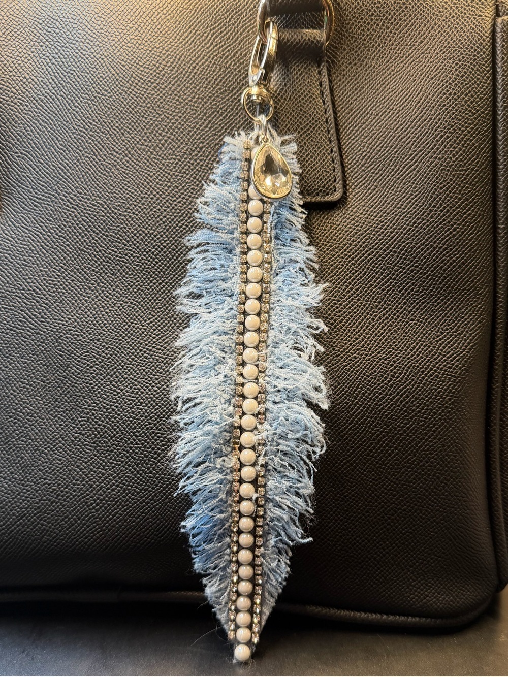 Hand Crafted Fringed Denim Pearl and Faux Crystal Bag Charm NWOT